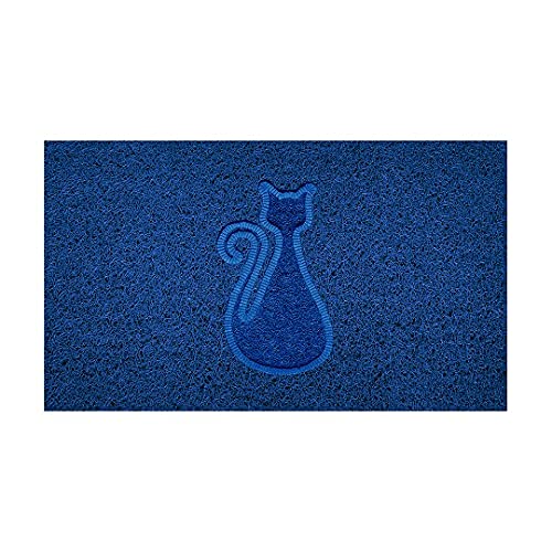 Nicoman Embossed Spaghetti Door Mat Dirt-Trapper Jet-Washable Doormat 70x43cm (Blue, CAT Shape) - Use on Carpet ONLY