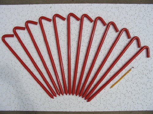 A 12 Pack of 18" long steel Hook Style Inflatable or Tent Stakes (Red)