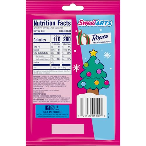 SWEETARTS ROPES TWISTED HOLIDAY PUNCH, SOFT AND CHEWY CANDY, 3OZ PACK – HOLIDAY STOCKING STUFFERS & TREATS