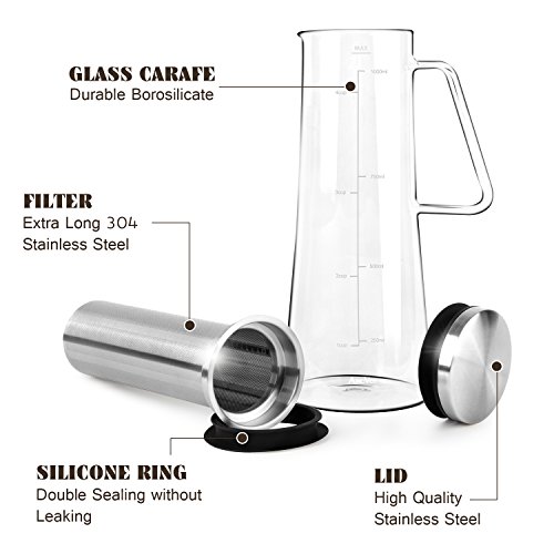 Cold Brew Coffee Maker AmoVee 1L (34oz) Airtight Borosilicate Glass Carafe Tea Infuser Pitcher with Removable Stainless Steel Filter for Coffee or Tea Brewing - Thumbnail 3