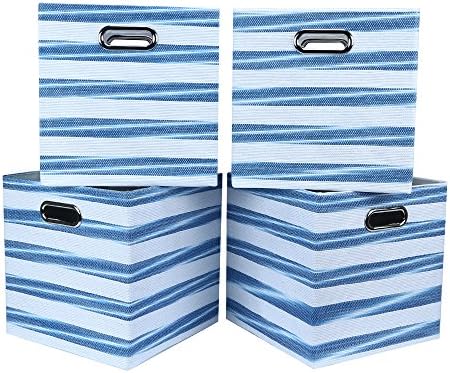 Foldable Baskets Containers with Removable Lid and Handles for Home School Office Biue Foldable Cube Storage Bins - Pack Of 4