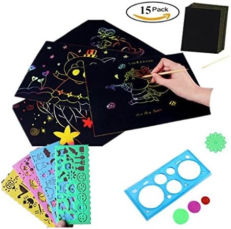 15pcs Kids Premium Rainbow Scratch Kit 10 BIG 11" x 8.25" Sheets Scraper Paper Set Large Rainbow Art Doodle Pad Colorful with 5 Drawing Template Stencil Rulers Suitable For Kids Of All Ages