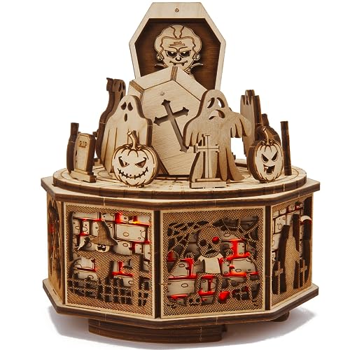 Wood Trick Halloween Wooden Music Box Kit - Addams Melody - w/Red Lighting - 3D Wooden Puzzle for Adults and Kids to Build - Engineering DIY Project Mechanical 3D Puzzle Model Kits for Adults