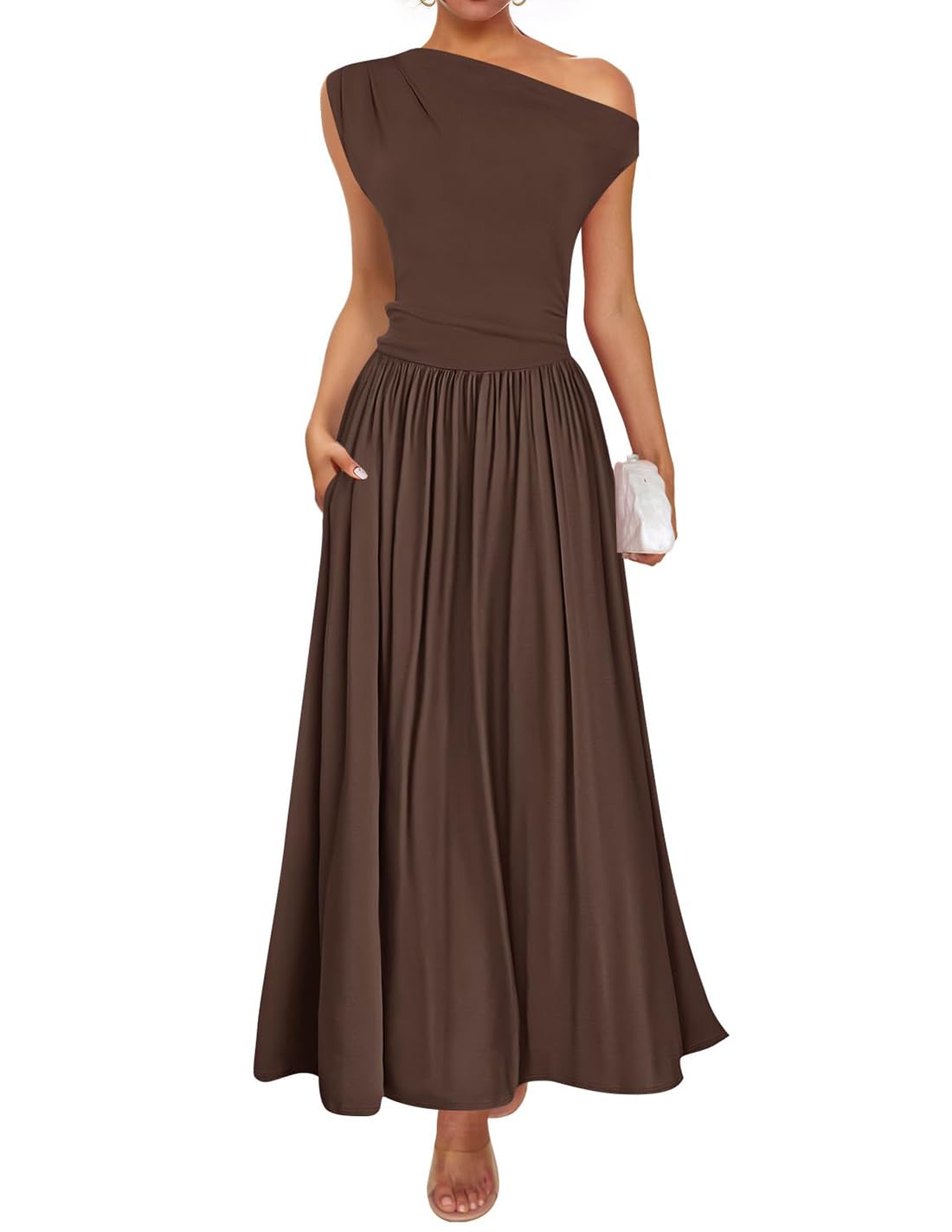 Photo 1 of ****SAME DRESS****ZESICA Women's Summer 2025 Sleeveless Maxi Dress One Shoulder Casual Slim Swing Pleated Formal Dresses with Pockets,Brown,Medium