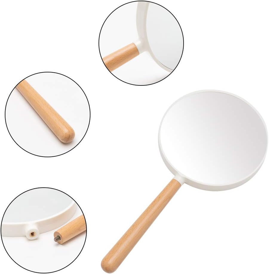 YEAKE Makeup Hand Mirror with Handle, 1X 3X Magnifying Double-Side Hand Held Mirrors,Detachable Wood Small Mirror with Round for Travel(White): Home & Kitchen