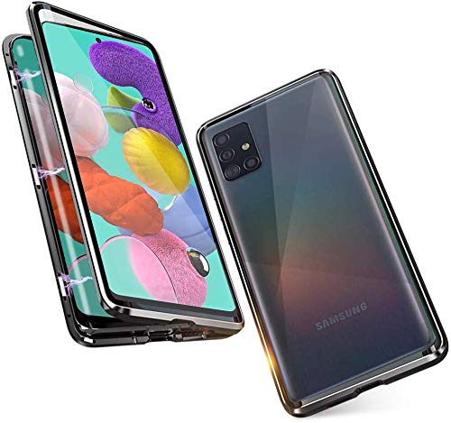 Case for Samsung Galaxy A71 4G Cover,[Magnetic Adsorption][Metal Frame + Front and Back Tempered Glass Transparent]Flip Cover Ultra Thin Full Body Screen 360 Degrees Coverage Protective Case,Black
