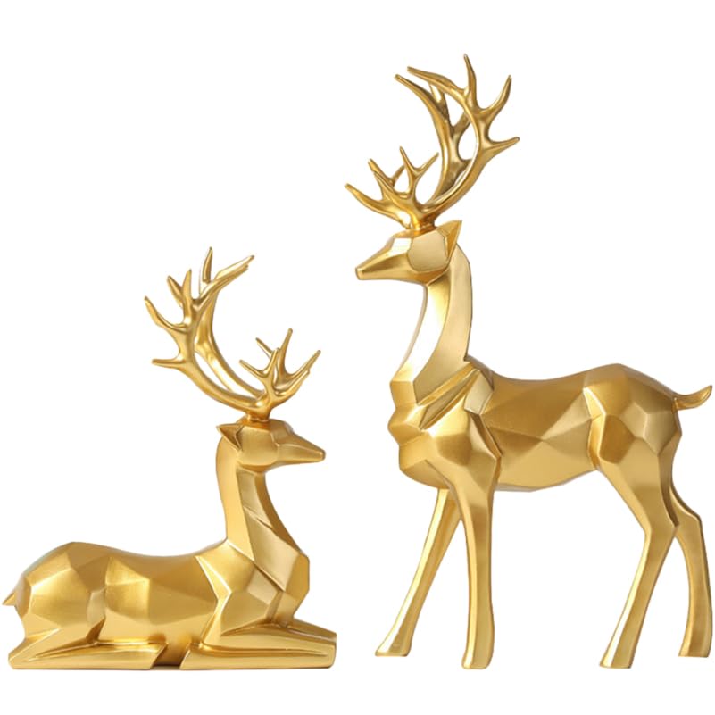 Kisangel Christmas Deer Figurines 2pcs Sitting Standing Deer Statues Nordic Resin Geometric Elk Sculpture for Home Decor and Housewarming Decor