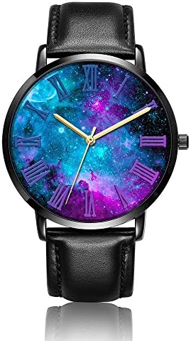 ONSPACE Unisex Women Classic Black Watches, Fashion Printed Designs Personalized Stainless Steel with PU Leather Strap Running Wrist Watch-Purple Galaxy Sky