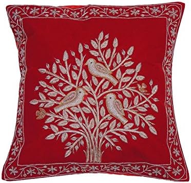 NovaHaat Red Velvet 100% Hand Embroidered Decorative Indian Toss Throw Accent Pillows Cushion COVER with Tree of Life in Gold Metallic Dabka work embroidery, from Uttar Pradesh in North India: Size 16