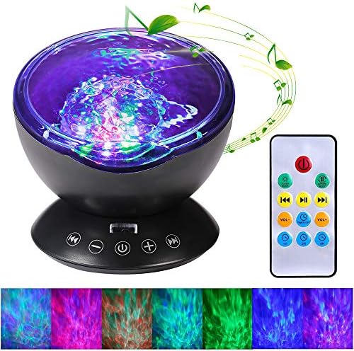 Remote Control Ocean Wave Projector, Hallomall 12LED Night Light Lamp with Built-in Music Player, 7 Color Changing Lighting Modes, Perfect Choice for Baby Nursery Bedroom Living Room(Black)