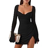 GOBLES Women's Sexy Flounce Sheer Sleeves Draped Neck Mesh Side Split Mini Party Dresses