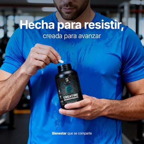 B Life Creatina Monohidratada Micronizada. 240 Cápsulas. Alta Pureza Sin Sabor. Mayor Absorción. Creatine Monohydrate