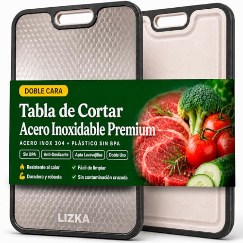 Tabla de Cortar Acero Inoxidable Doble Cara Sin BPA Higiénica y Sin Olores Evita Contaminacíon Cruzada Apta Lavavajillas (38x26cm)