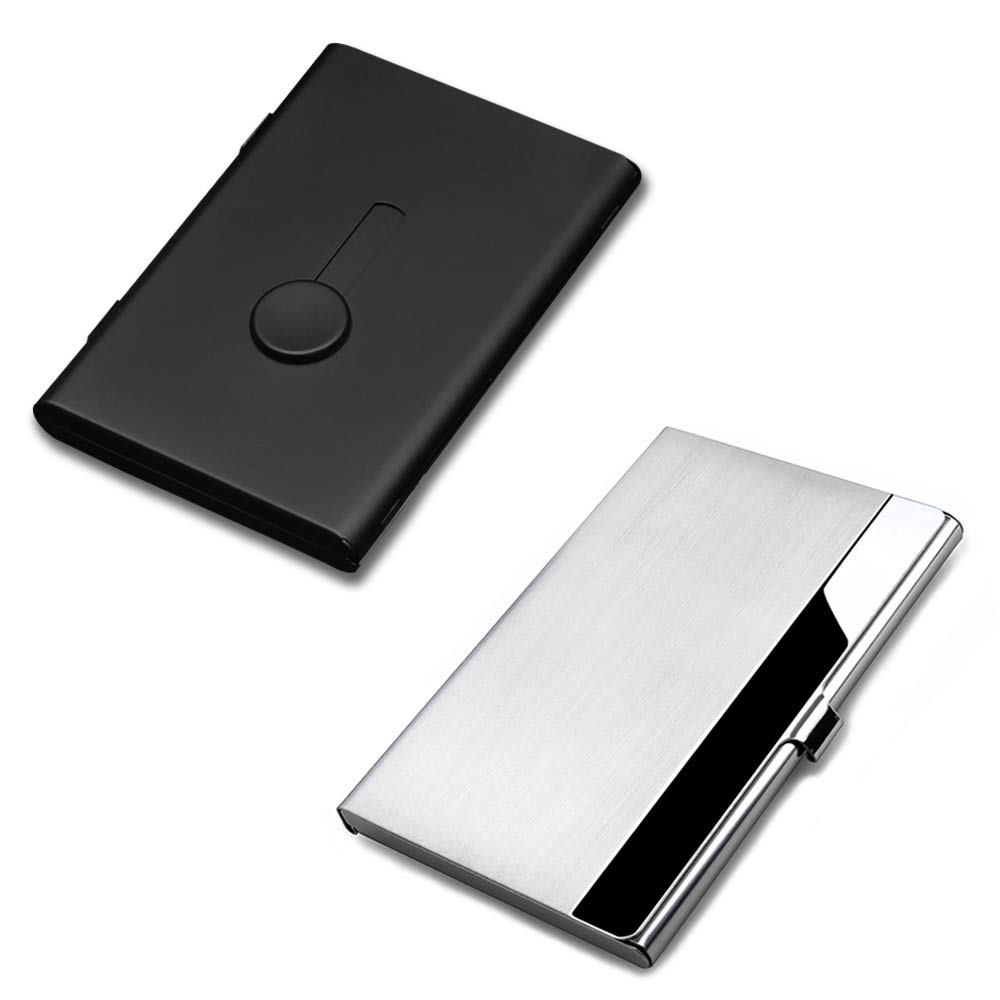 2 Pcs Business Card Holders, SENHAI Professional Thumb-Drive Slide Out Business Card Case and Stainless Steel ID Name Wallet Credit Card Holder for Men and Women - Black