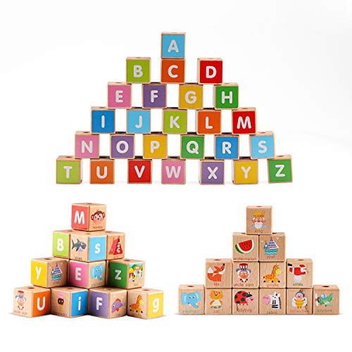 Jamohom ABC Wooden Block Cart Sorting Stacking, Wood Alphabet Blocks