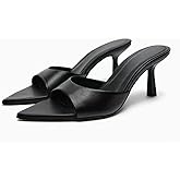 MRKEWUNEY Heeled Mules for Women Metallic Slip On Mules Backless Kitten Heel Pointed Open Toe Wedding Party Dress Sandals Slide Sandals Evening Party Shoes Black Szie 39
