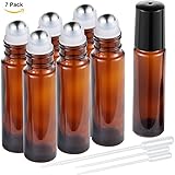 DorisMax Amber essential oil bottles with Stainless Steel Roller Balls, Roller Glass Bottles , Perfume Container 10ml-7Pack ,3xDropper included