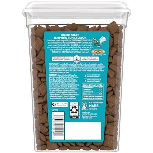 TEMPTATIONS JUMBO STUFF CRUNCHY AND SOFT CAT TREATS TEMPTING TUNA FLAVOR, 14 OZ. TUB