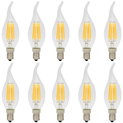 10 Pack 6W Dimmable LED Filament Candle Light Bulb, 2700K Warm White 600LM, E12 Candelabra Base Lamp, Clear Glass Cover, 60W Incandescent Replacement