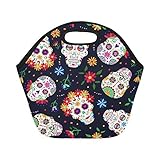 InterestPrint Mexican Sugar Skull Insulated Lunch Tote Bag Reusable Neoprene Cooler, Day of the Dead Portable Lunchbox Handbag for Men Women Adult Kids Boys Girls