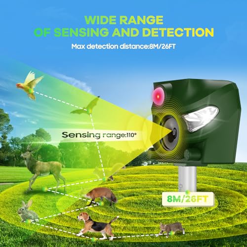 Outdoor Cat Repellent, 5 Modes Ultrasonic Cat Repeller, 26 Feet Solar Outdoor Cat Repellent with Sound Alarm and Flash Lights for Dogs, Deer, Fox, Rabbit, Squirrel, Bird