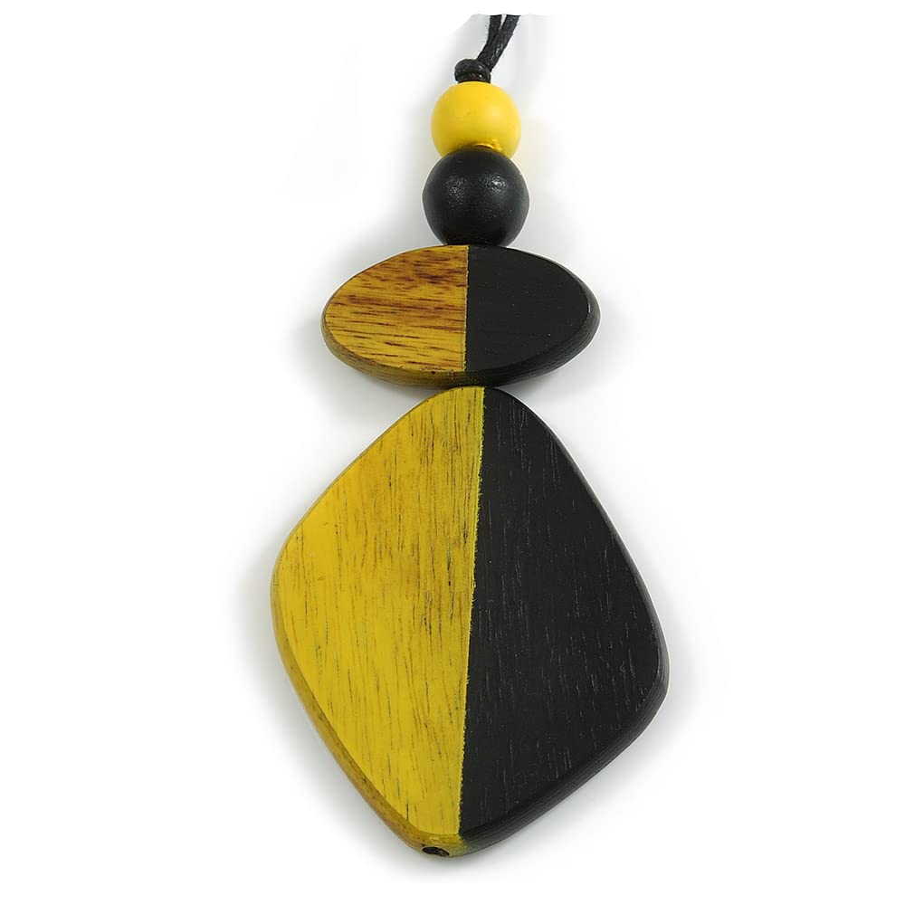 Avalaya Yellow/Black Geometric Wood Pendant Black Waxed Cotton Cord - 80cm L Max/ 13cm
