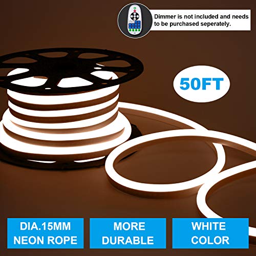 Shine Decor Led Neon Lights, dimmable 6500K Cool White Rope Lights, Update Waterproof 2835 120Leds/M, 50ft, 110V, Included All Necessary Accessories, Flex Durable for Outdoor Decor Or Commercial Use