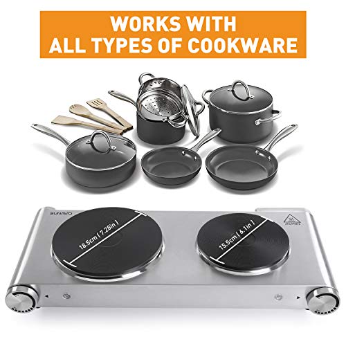 SUNAVO HP-06 Portable Electric Hot Plate hob Cooktop for Cooking, Double Electric Hotplate Burner 1800W Variable Temperature Controllers,Table Top Hot Plate Stainless Steel Scratch-Resistant,Silver