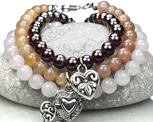 Crystals for LOVE Heart Chakra Healing Gemstones Rose Quartz Garnet Strawberry Quartz Natural Stones Genuine Semi Precious Gems Adjustable Charm Bracelet
