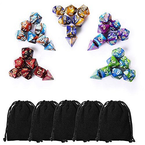 35 Pieces Polyhedral Dice, Double-Colors Polyhedral Game Dice with 5 Pack Black Pouches for RPG Dungeons and Dragons Pathfinder DND RPG MTG D20 D12 D10 D8 D4 Table Game