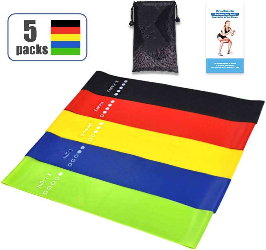 XIMIXI Resistance Loop Bands - Set of 5 Natural Latex Exercise Bands for Stretching, Workout, Home Fitness, Yoga, Physical Therapy - Included Carry Bag and Instruction Guide