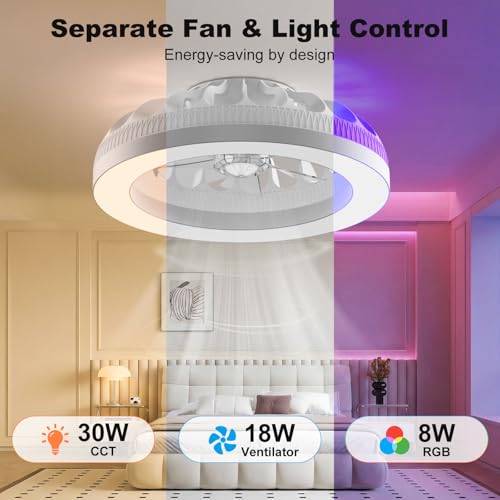 Ateroll Ceiling Fan with Light, 48CM RGB Chandelier Ceiling Fan with Remote Control, Silent Fan 6 Speeds with Timer and Memory, Reversible Fan 3000-6500K