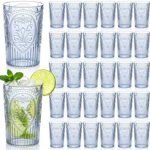 Acellegic 48 Pcs 16 oz Plastic Vintage Drinking Glasses Stemless Ribbed Highball Glasses Bulk Embossed Reusable Cup for Water Beer Cocktails Juice Wedding Bridal Shower Birthday Event Party (Blue) - Used condition - US$65.85