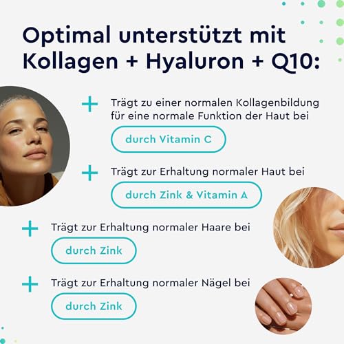 Kollagen + Coenzym Q10 + Hyaluronsäure - Premium: Marine Collagen - Mit Zink, Magnesium, Vitamin B12, D3, A & C - 60 Kapseln - Laborgeprüft, hochdosiert ohne Zusätze in Deutschland hergestellt