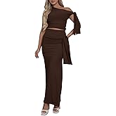Two Piece Skirt Set for Women - Sexy 2 Pc Outfits Sleeveless One Shoulder Crop Top Maxi Long Bodycon Skirts Sets
