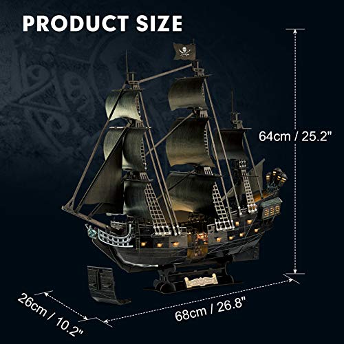 CubicFun 3D Puzzle for Adults Moveable LED Pirate Ship Puzzles with Detailed Interior, Large Queen Anne\'s Revenge Sailboat Desk Model Kits, Difficult Puzzles with Lights Watercraft Gifts for Men Women