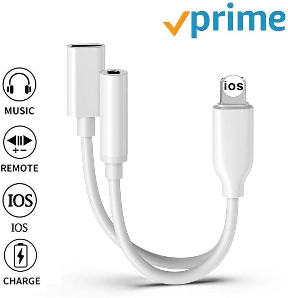 Adapter for iPhone Headphone Charger Splitter 11 Aux to 3.5mm Dual Adapter for iPhone 11/X/Xs Max/XR/8/8Plus/7/7Plus Headphones Adaptor Jack Cable & Connector Earphones Support All iOS（White）