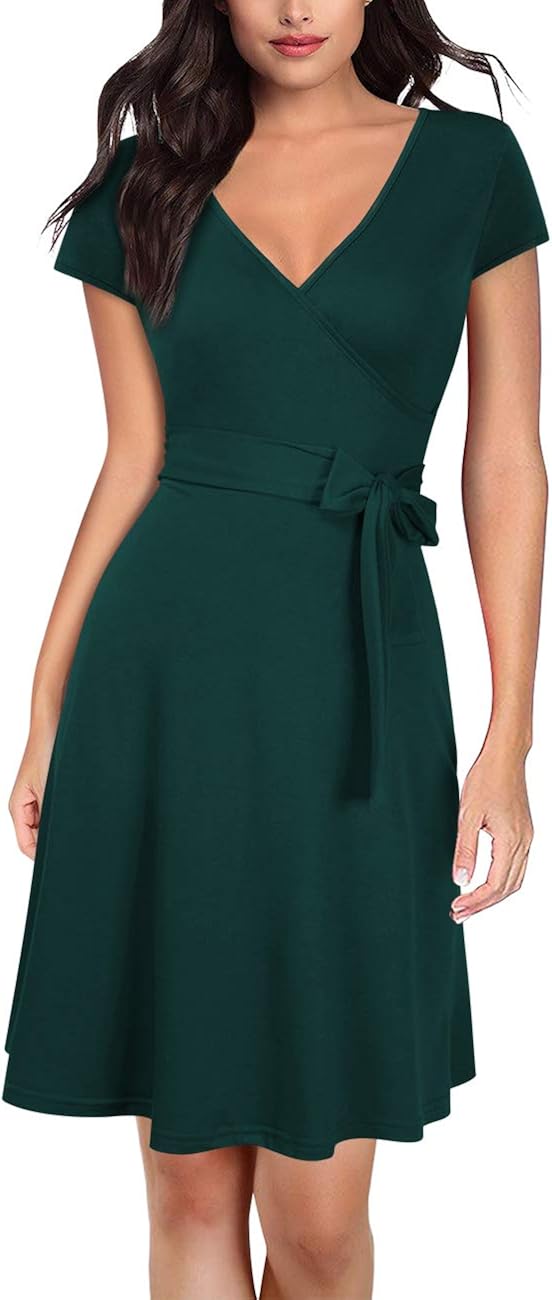 KOJOOIN Sommerkleid Damen Mit V-Ausschnitt & Gürtel – A-Linie, Wickeloptik, Aus Elastischem Stoff