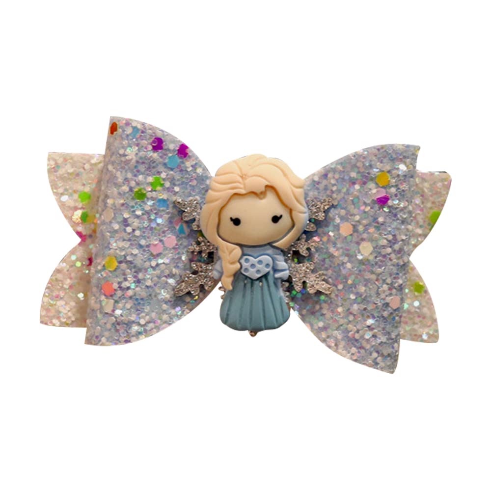 FASHION YO Elsa Princess Bow Sparkling Snow Diamond Fancy Costume Party Girls Kids Hair Clips Alligator Barrettes Accessories Bows Hairpins with Long Ribbon (Elsa Sparkling Bow)