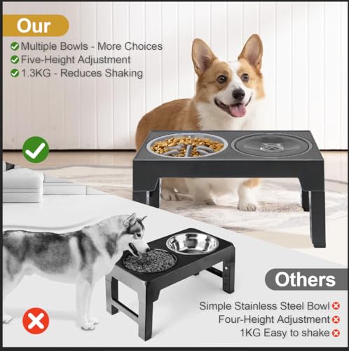 Polegas 3-in-1 Upgraded Raised Dog Bowl with Stand Elevated Dog Bowl with Slow Feeder,Non-Spill Slow Water and Stainless Steel Bowls 5 Height Adjustable dog food stand for Small Medium Large Sized Dog