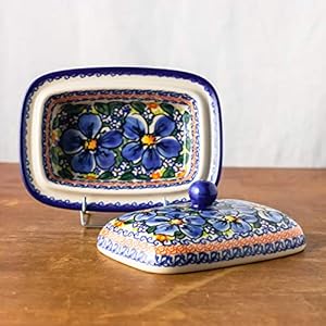 Polish Pottery, Handpainted and Handcrafted Butter Dish with Lid ― Blue Flowers Artistic Pattern (A506)