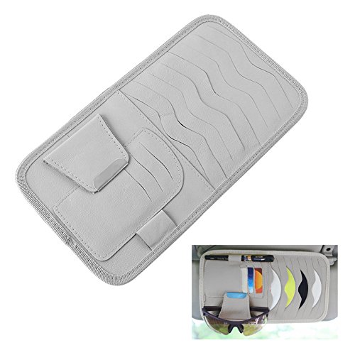 Car Visor CD Holder，Shellvcase Genuine Leather Auto Car CD Storage Bags With 8 CD/DVD Slots,3 Credit Cards Pockets,1 Pen holder,1 Sunglasses Holder (Grey) - Thumbnail 7