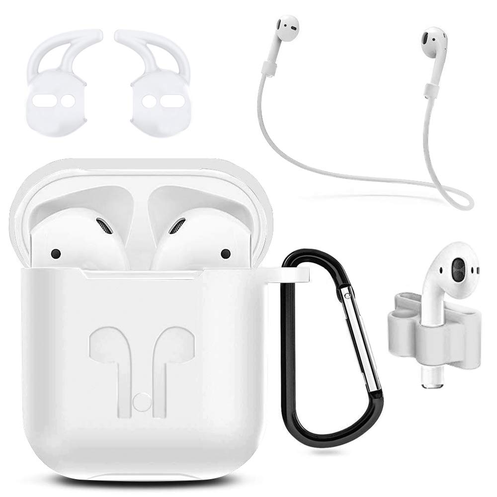 MMOBIEL Airpods Case Cover Compatible with AirPods 1/2 - Silicone Shockproof Case - Protective Cover Skin - 6 in 1 Set with Clip Ear Hooks Strap - White