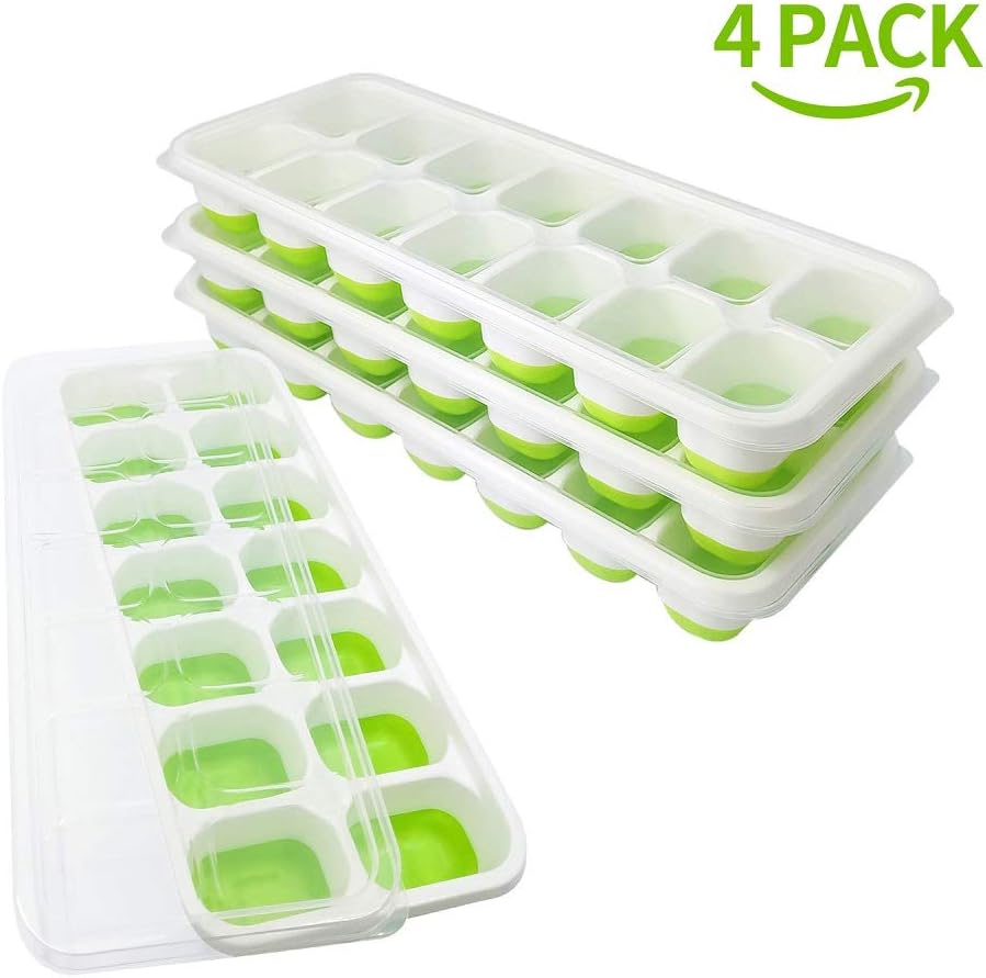 DOQAUS Ice Cube Trays 4 Pack, Easy-Release Silicone and Flexible 14-Ice Cube Trays with Spill-Resistant Removable Lid, LFGB Certified and BPA Free, for Whiskey, Cocktail, Stackable Flexible Ice Molds: Kitchen & Dining
