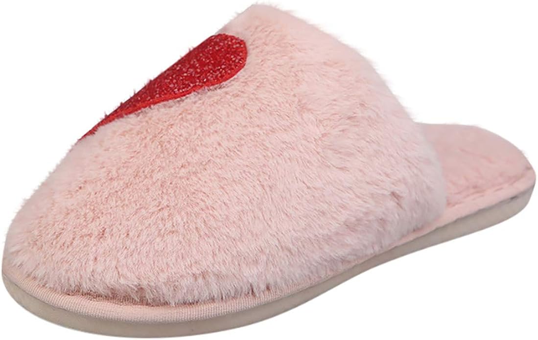 FraftO Cute Heart Print Short Plush Warm Slippers for