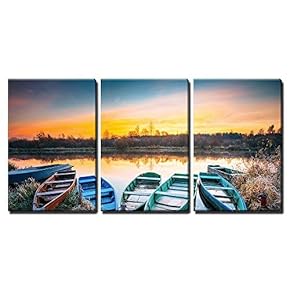 3 Piece Canvas Wall Art - Lake, River and Rowing Fishing Boat at Beautiful Sunrise in Autumn Morning - Modern Home Art Stretched and Framed Ready to Hang - 16"x24"x3 Panels
