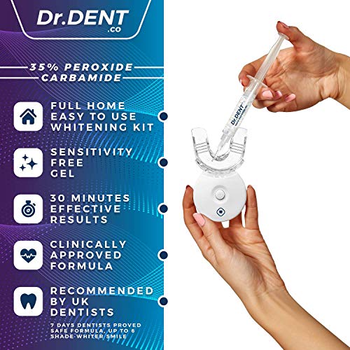 DrDent Premium Teeth Whitening Kit 35% CP | LED Light | (2) 5ml Whiten Gels | Removes Stains - Includes Mouth Tray & Shade Guide - Rapid & Effective Results - User-Friendly & Safe