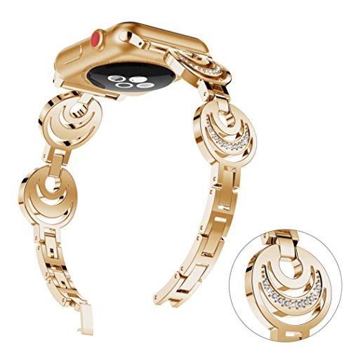 Fashion Women Sun Moon Crescent Crystal Bracelet Band Strap for Apple Watch 1/2/3 42mm (Gold)