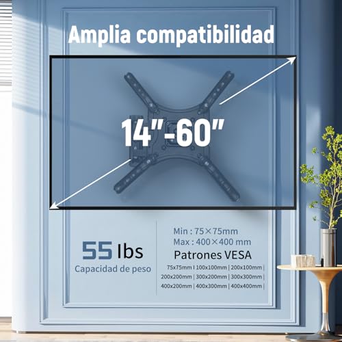 Soporte de TV, Base para Television Pared para Pantallas de 14”a 55”, TV Mount de Articulado Inclinable y Giratorio, Porta Television Movible,Universal Soporte hasta 25 kg, MAX VESA 400x400mm