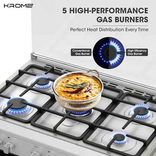 KROME 90x60cm Cooking Range, Matte Stainless Steel, Dual Layer Tempered Glass, Auto Ignition, Cast Iron Pan Support, Flame Failure Device, Adjustable Legs, LPG 28mbar, KR-CR9060G